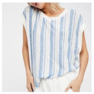 Free People 100% Linen Blue White Calabasas Stripe Tunic Top